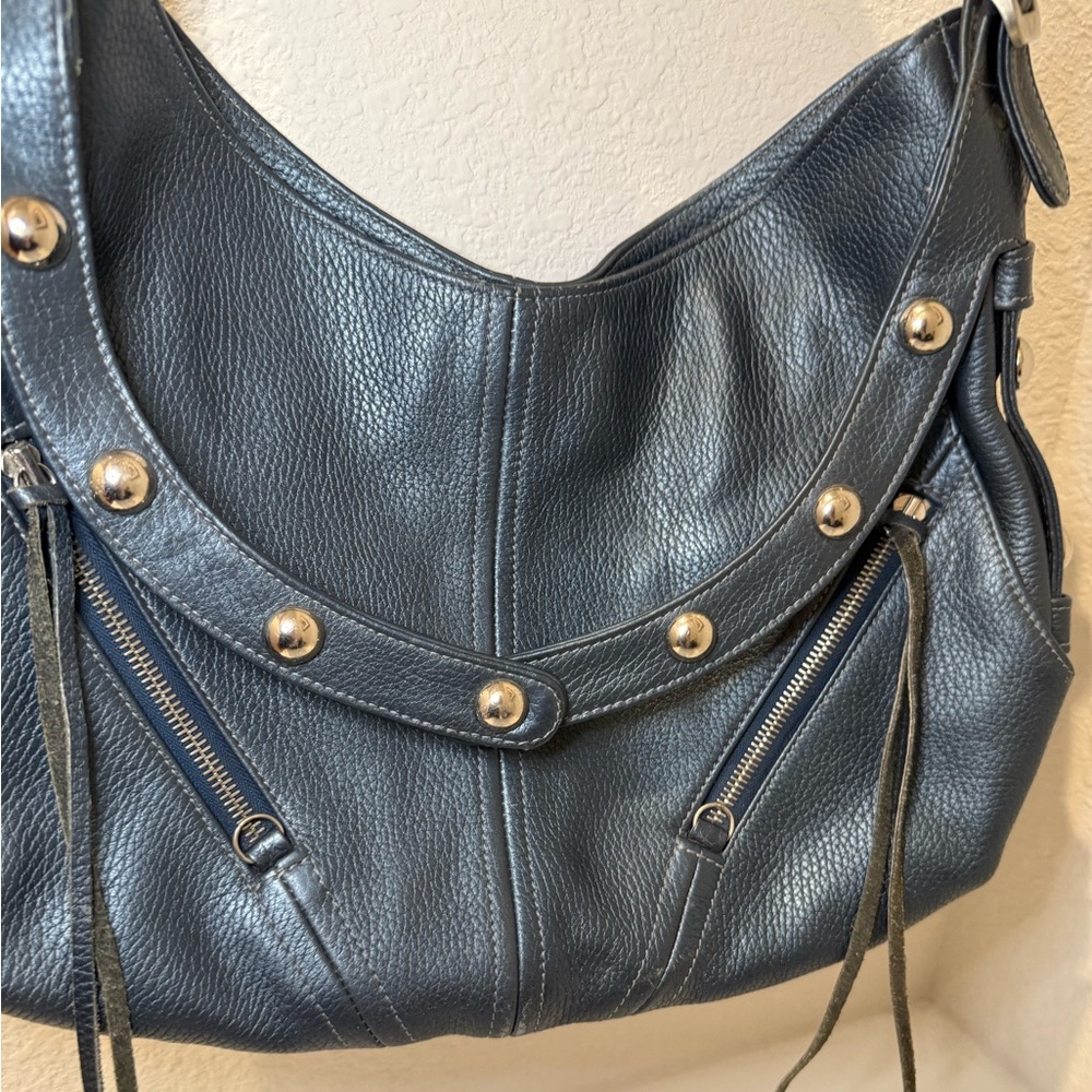 Botkier TRIGGER Mermaid Blue Moto Leather Hobo Shoulder Bag Studded Fringe - Picture 3 of 15